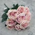 Artificial bouquet of 10 gradient pink diamond roses with green leaves for wedding decor - Dust Rose