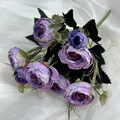 Artificial purple rose bouquet with silk petals and black leaves for home wedding decor - Dark Purple