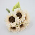 Künstlicher cremeweißer Sonnenblumenstrauß mit realistischem Kern und grünen Blättern - Dreischichtige Blütenblatt / Weiß