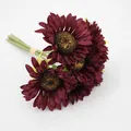 Deep burgundy artificial sunflower bouquet with 6 heads and realistic green stems - Triple Layer Petal / Red