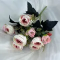 Artificial pink tea rose bouquet with silk petals and green leaves for home decor - Pink
