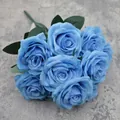 Bouquet di rose artificiali blu cielo in seta a 10 teste per decorazione di nozze - Blu scuro