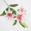 Artificial pink lily branch with three blooming flowers and one green bud - 3 Flowers 1 Bud Pink Center