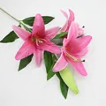 Realistic deep pink 3D printed artificial lily with blooming flowers and green bud - 3 Flowers 1 Bud Rose Red