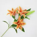 Realistic artificial 3D printed orange lilies with three heads and green leaves - 3 Flowers 1 Bud Sunset