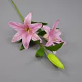 Realistic artificial pink lily with two blooming flowers and one green bud on long stem - 3 Flowers 1 Bud Pink