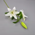 Artificial white lilies with 2 heads and 1 bud on green stem for home decoration - 2 Flowers 1 Bud White