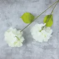 Künstliche weiße Hortensie mit zwei Blütenköpfen und grünen Blättern auf Zementhintergrund - Weiß