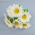 7-fork bundle of white artificial sunflowers with yellow centers and green leaves - Champagne