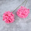 Künstliche rosa Hortensie mit zwei Blütenköpfen und langem grünem Stiel auf grauem Grund - Rosenrot