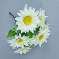 Artificial white daisy bouquet with bright yellow centers and green leaves for home decor - White