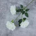 Artificial white rose branch with three blooming flower heads and green leaves - White