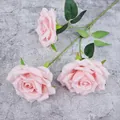 Lifelike artificial pink roses with three heads and green leaves for home decoration - Pink