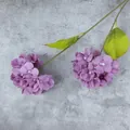 Two stems of artificial purple hydrangea silk flowers with realistic green leaves - Purple