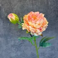 Artificial orange-pink silk peony stem with blooming flower and bud for home decor - Pink