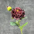 Single stem artificial dark red peony with one blooming flower head and green bud - Retro Copper