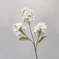 Artificial white hydrangea branch with three flower heads and green leaves on gray fabric - White