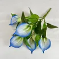 Faux blue and white gradient PU calla lily bouquet with five flower heads and green leaves - Blue
