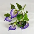 Single bunch of faux calla lilies with deep purple and cream gradient petals and green leaves - Purple