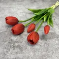 Artificial red tulips bouquet with 5 lifelike moist feel flowers and natural green leaves - Red