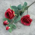 Deep red artificial silk rose with four realistic flower heads for wedding decoration - Red