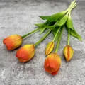 Five-piece orange and yellow gradient artificial tulips with moist touch leaves - Sunset Red