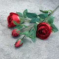 Single stem artificial silk red roses with two blooms and two buds for wedding decor - Red
