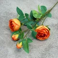 Artificial 4-head orange rose branch with realistic silk petals for home floral decor - Sunset Red