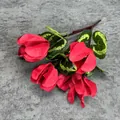Artificial cyclamen flower cluster with vibrant red petals and patterned green leaves - Red