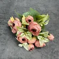 Pink silk artificial Ranunculus bouquet with multi-layered flower heads and green leaves - Orange Red