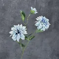 Three-head artificial dahlia in light blue, realistic silk flowers with green leaves - Blue
