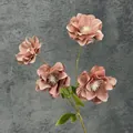 Faux anemone flower branch with four realistic vintage pink silk petals and green leaves - Brown