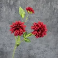 Three-head artificial red dahlia silk flower with lush petals and green leaves - Red