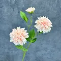 Three-headed faux dahlia stem in pale orange-pink gradient with green leaves - Pink