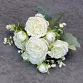 Bouquet de 5 pivoines artificielles blanches avec feuilles pour décor de mariage - Blanc