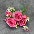 Bouquet de roses roses en soie à cinq têtes pour décoration de maison et mariage - Rouge Rose