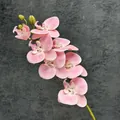Single stem light pink artificial orchid with detailed spots on a textured grey backdrop - Pink