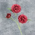 Artificial dark red dahlia branch with two blooming heads and green leaves for decor - Red