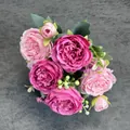 Bouquet de pivoines artificielles magenta et roses avec feuilles en soie réalistes - Nouveau Double Rose