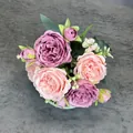 Bouquet de pivoines artificielles à 5 têtes rose et violet avec feuilles de soie - Rose Bicolore