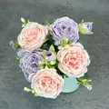 Bouquet de pivoines artificielles roses et mauves en vase bleu pour décoration - Rose Violet