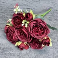 Bouquet de pivoines artificielles rouge foncé avec feuilles vertes pour décor de mariage - Rouge foncé
