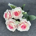 Pink and ivory artificial 7-head rose bouquet with silk petals and realistic green leaves - Pink Heart