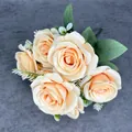 Artificial bouquet with six champagne orange silk roses and lush green leaves for home decor - Champagne