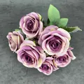 Artificial 7-head bouquet of purple faux roses with realistic green leaves decoration - Purple