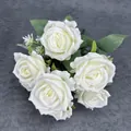 Elegant bouquet of five white artificial roses with green leaves on grey background - White