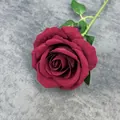 Single elegant dark red velvet artificial rose flower with green leaves - Burgundy