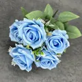 Sky blue artificial 5-head rose bouquet with realistic green leaves for home decoration - Blue
