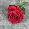 Single realistic red velvet artificial rose flower with green leaves for home decoration - Red