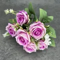 Lifelike pink and purple gradient silk rose bouquet with green leaves and white accents - Purple